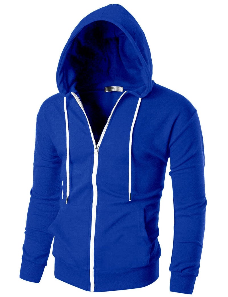 Ohoo Men's Zip Up Hoodie Lightweight Slim Fit Sweatshirt Full Zip Hooded Jacket / DCF002-BLUE-L - Image 1